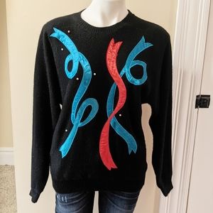 Vintage Russ black sweater with ribbon detail.